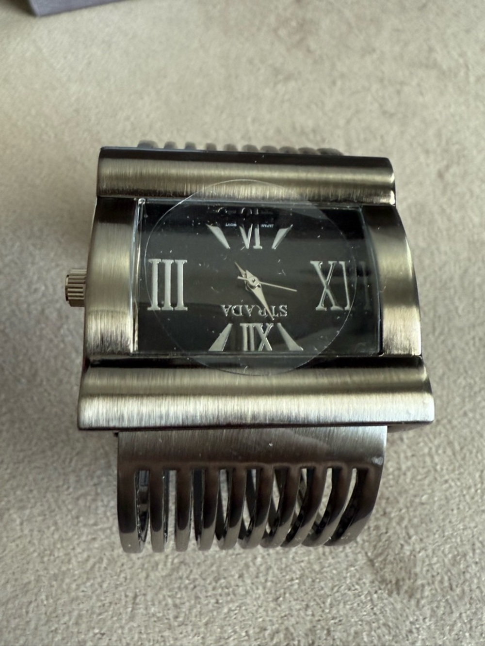 Strada Silver and Black Rectangular Cuff Watch